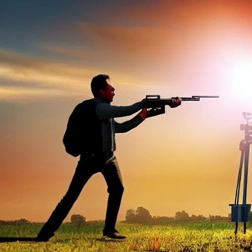 Prompt: a man with a pistol, shooting the sun out of the sky, surreal