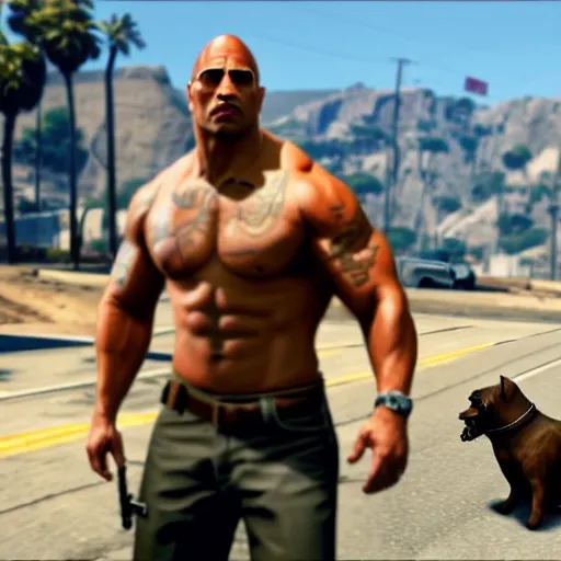 Prompt: Dwayne Johnson as a character in GTA V shooting at a dog