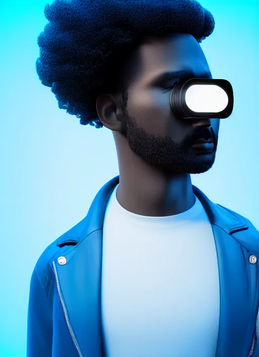 Image similar to a black man with short curly haircut, portrait, wearing black letter jacket, holding a futuristic looking big cinema camera, light blue led's, sharp focus, octane render, hyperrealistic, cinematic lighting, highly detailed, 8 k,