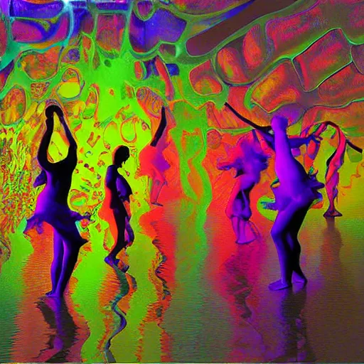 Image similar to liquid people dancing in a lightfull room by lynda benglis, hyperrealistic, shadows, high detail, digital art