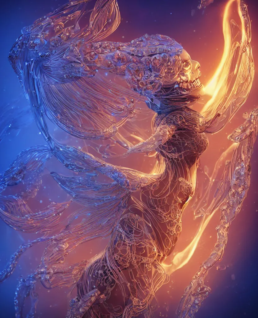 Image similar to close-up macro portrait of the face of a beautiful princess, epic angle and pose, symmetrical artwork, 3d with depth of field, blurred background, cybernetic jellyfish female face skull phoenix bird, translucent, nautilus, energy flows of water and fire. a highly detailed epic cinematic concept art CG render. made in Maya, Blender and Photoshop, octane render, excellent composition, cinematic dystopian brutalist atmosphere, dynamic dramatic cinematic lighting, aesthetic, very inspirational, arthouse. y Greg Rutkowski, Ilya Kuvshinov, WLOP, Stanley Artgerm Lau, Ruan Jia and Fenghua Zhong