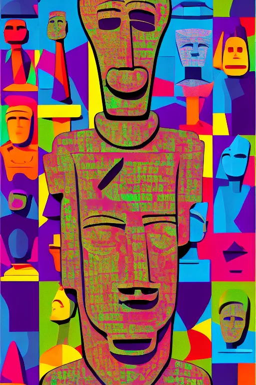 Image similar to cubist moai statue cutout digital illustration cartoon colorful beeple