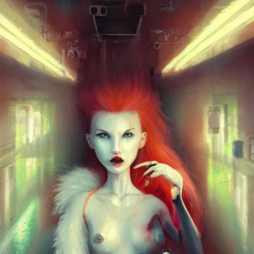 Image similar to white anthropomorphic female vulpes vulpes fulva, long snout, fluffy tail, smoking a cigarette in the rain, in crowded and wet street of a city, cyberpunk, harsh neon lights, highly detailed, digital painting, trending on artstation, concept art, sharp focus, illustration, art by artgerm and greg rutkowski and magali villeneuve