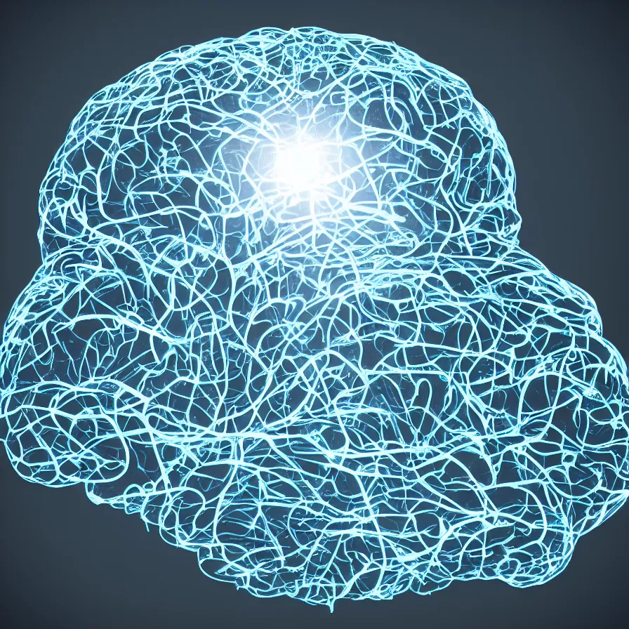 Prompt: illustration of holographic map of neural network of human brain with artificial neural implant floating over table, unreal engine