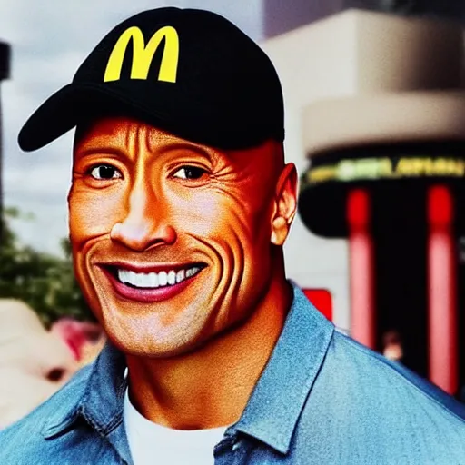 Image similar to dwayne the rock johnson at mcdonalds, cellphone photograph portrait