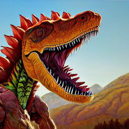 Prompt: a wonton rapper raptor, food dinosaur, dinosaur made of food, painting by james gurney