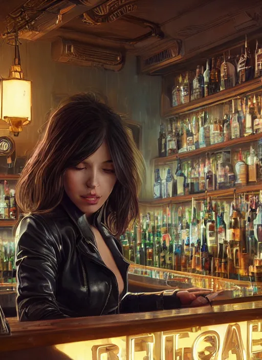 Image similar to highly detailed portrait of a beautiful female wearing a skintight leather jacket in a bar, stephen bliss, 8 k, unreal engine, by greg rutkowski, loish, rhads, ferdinand knab, makoto shinkai and lois van baarle, ilya kuvshinov, rossdraws, tom bagshaw, global illumination, radiant light, detailed and intricate environment