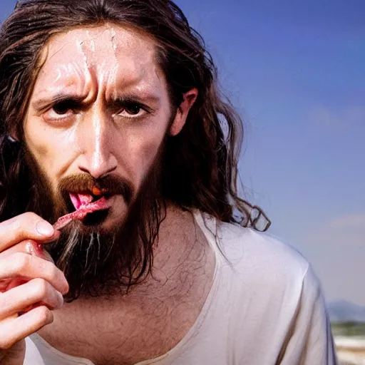 Prompt: sweaty jesus eating a wet pickle and staring into the camera expectantly, professional photograph, highly detailed