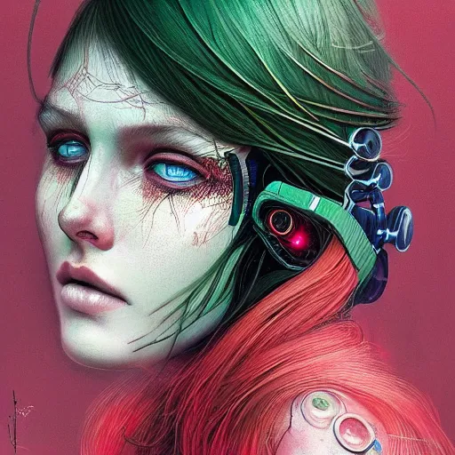 Prompt: a portrait of a beautiful cyborg girl, red hair, glowing green eyes, urban motifs, intricate, elegant, highly detailed, digital painting, trending on artstation, concept art, smooth sharp focus, illustration, art by james jean and zdzisław beksinski