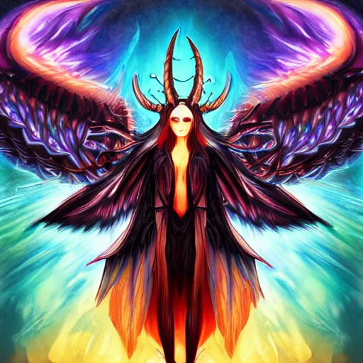 Image similar to hybrid of an angel and demon, made of flowing energy, horns, wings, villain look, trending on arstation HD