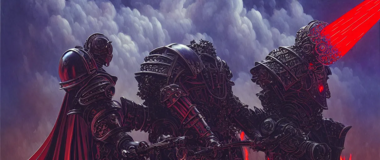 Prompt: composition of gothic and futuristic, warhammer, cyber armor, scars, thunderstorm, blue head, fire eyes, some red and purple, the middle ages, highly detailed, artstation, in the style of moebius, jugendstil and classic japanese print, art by rene magritte and stefan koidl