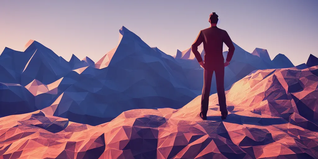 Prompt: low poly 3D rendering of a man standing atop a wide mountain range, natural light, cinematic, bokeh, wide angle