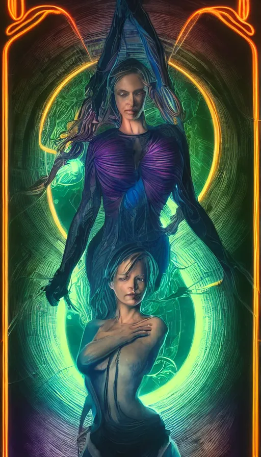 Image similar to tarot card, altered carbon, neon, fool, dreamy vibe, fibonacci, sweat drops, insane intricate, highly detailed, digital painting, artstation, concept art, smooth, sharp focus, illustration, unreal engine 5, 8 k, art by artgerm and greg rutkowski and alphonse mucha, laura sava, laura palmer