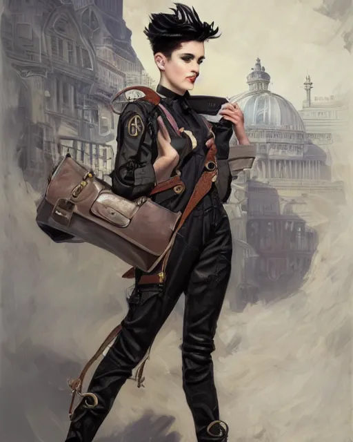 Prompt: a portrait of a beautiful androgynous punk girl with short hair and beautiful eyes, beautiful face, wearing tall combat boots, who is a mechanic wearing overalls carrying a bag, digital concept art, detailed digital painting, ornate decorative background, by j. c. leyendecker and edward blair leighton and charlie bowater, trending on artstation