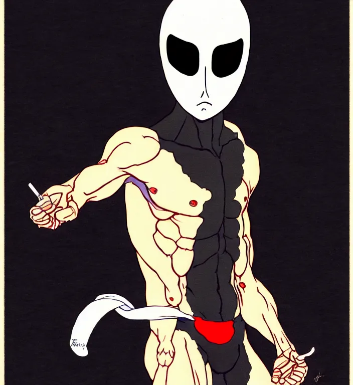 Image similar to white man with black fabric mask, short dark hair, true anatomy!, art by hayao miyazaki