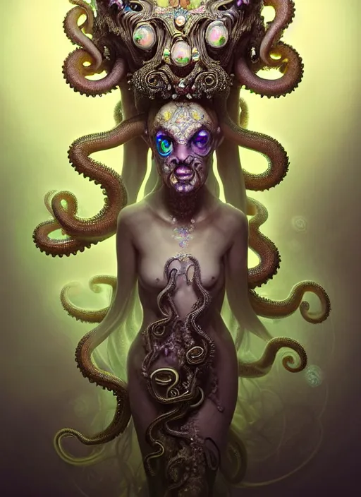 Prompt: A full shot of a cute magical monster Cryptid wearing an ornate dress made of opals and tentacles. Subsurface Scattering. Translucent Skin. Caustics. Prismatic light. defined facial features, symmetrical facial features. Opalescent surface. Soft Lighting. beautiful lighting. By Giger and Ruan Jia and Artgerm and WLOP and William-Adolphe Bouguereau and Loish and Lisa Frank. Sailor Moon. Masterpiece. trending on artstation, featured on pixiv, award winning, cinematic composition, dramatic pose, sharp, details, Hyper-detailed, HD, HDR, 4K, 8K.