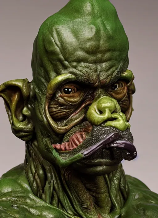 Image similar to a bust sculpture of anatomical detailed goblin, nicolas maduro, green blood, become human, ceramic base, orthographic, studio lighting