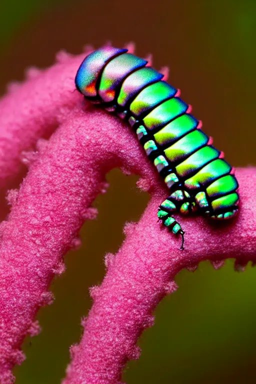 Image similar to high quality macro photo iridescent cyborg caterpillar! cute highly detailed david ligare elson peter cinematic pink lighting high quality low angle hd 8k sharp shallow depth of field