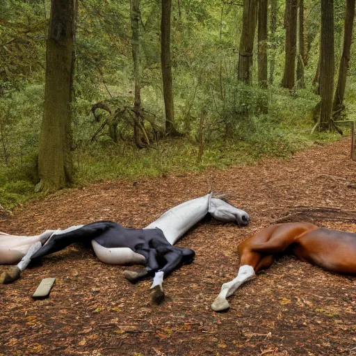 Image similar to two dead horses'body lying on the woods'path, and each horse body has some arrow on it, photo, 8 k