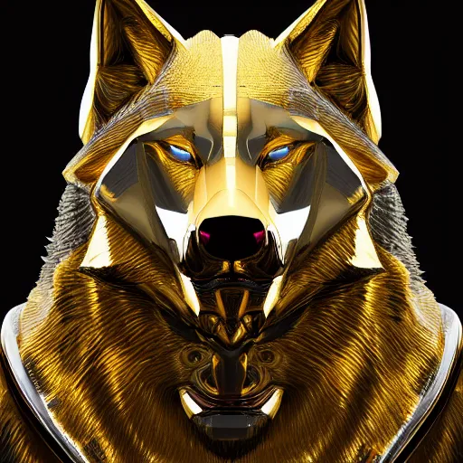 Image similar to chrome and gold wolf, glossy, metallic, neon, symmetrical, tribal patterns, realistic, unreal engine, octane, redshift, artstation, behance