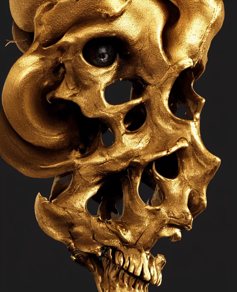 Image similar to black background. goddess princess face close-up portrait ram skull. sculpture made of gold and black charcoal. jellyfish phoenix head, nautilus, orchid, skull, betta fish, bioluminiscent creatures, intricate artwork by Tooth Wu and wlop and beeple. octane render, trending on artstation, greg rutkowski very coherent symmetrical artwork. cinematic, hyper realism, high detail, octane render, 8k