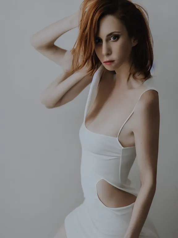 Image similar to photo of gorgeous seductive tall emily skinner cosplaying annie leonhart wearing open toe heels, wearing tight white dress, in a white room, beautiful face, pale skin, rule of thirds, cinematic lighting, sharp focus, backlit, stunning, smooth, hard focus, full body shot, studio photo, shot on sony a 7 iii