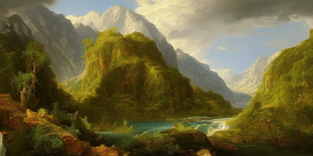 Image similar to a stunning painting of a mountain vista with a river flowing to a lake and forest, by thomas cole, oil on canvas, highly detailed, 4 k, hd