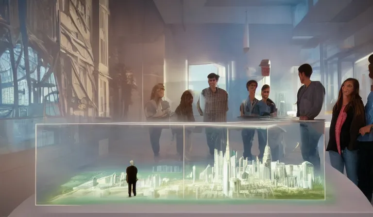 Image similar to group of people in simple white museum, looking at hologram of futuristic city on a table, cinematic concept art, godrays, golden hour, natural sunlight, 4 k, clear details, tabletop model buildings, center model buildings, hologram center, crane shot, crane shot, crane shot