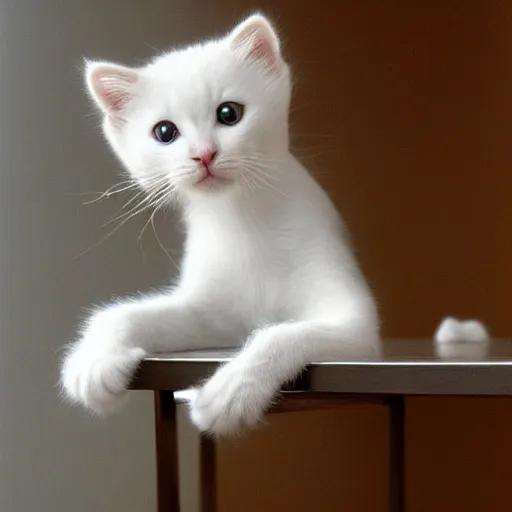 Image similar to Portraits of a little white kitty sitting on a table, Graceful body structure,cute,Symmetrical face,highly detailed,elegant