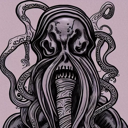 Prompt: grim reaper with tentacles growing from his face, lovecraft, fantasy