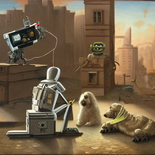 Image similar to a dog and a robot watching destroyed city from a rooftop, painting