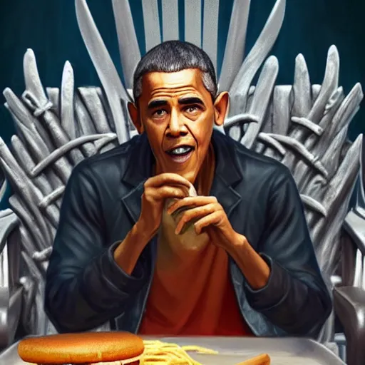 Image similar to barrack obama eating a cheese burger sitting on the iron throne, highly detailed, digital painting, artstation, concept art, global illumination, ray tracing smooth, sharp focus, illustration, art by artgerm and greg rutkowski and makoto shinkai, jeremy lipkin