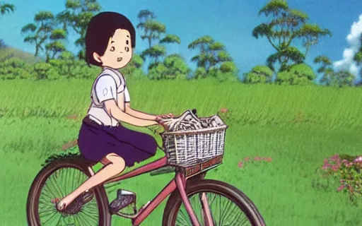 Image similar to a young girl riding a bike with a basket on a dirt path in a small town, 1970s philippines, art by hayao miyazaki, studio ghibli film, hi res, 4k