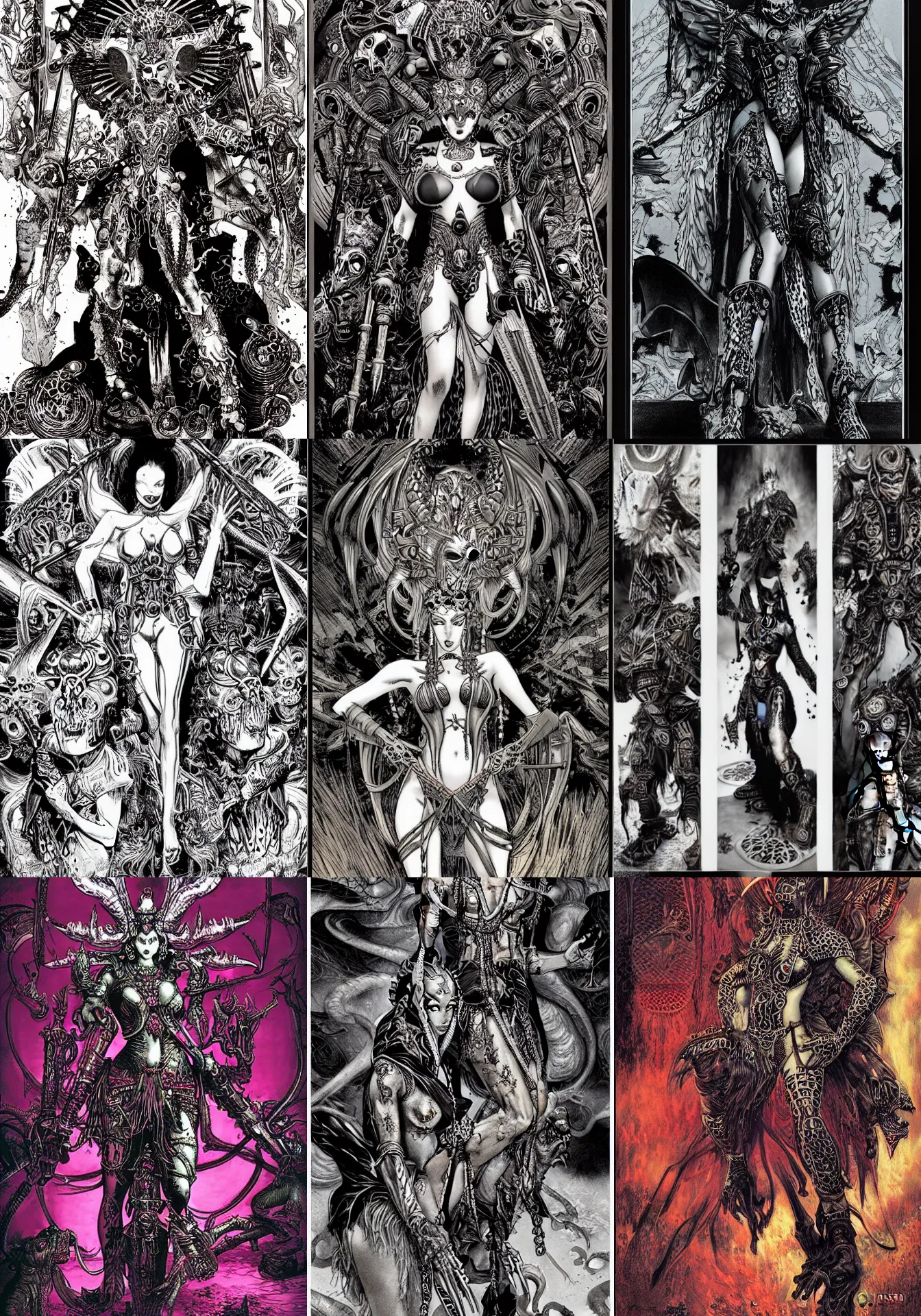 Prompt: avantgarde protos archon kali durga editorial by marek okon designed by alexander mcqueen rendered by masamune shirow and by virgil finlay