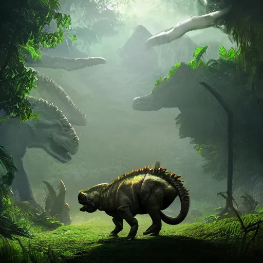 Prompt: triceratops walking through a jungle, atmosperic, dramatic lighting, trending on artstation, ark survival evolved