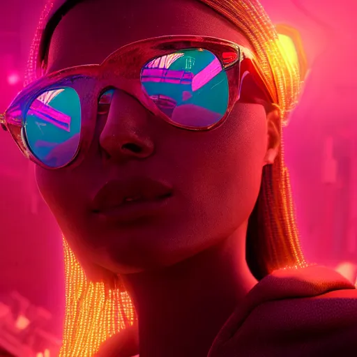 Prompt: A beautiful portrait of the mother of jesus, neon sunglasses!, cyberpunk,photography, photorealistic, depth of field, rim light, realistic, detailed, high definition, 8k, octane, soft light, Masamune Shirow, irwin penn, cinematic shot, artstation