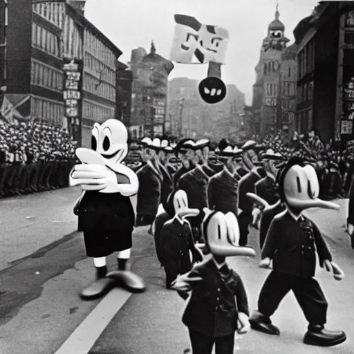 Image similar to historic colorized photograph of donald duck at a nazi parade in 1 9 3 6