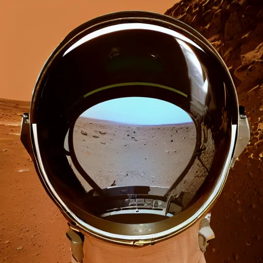 Prompt: wide angle pinhole photo of an astronaut infinite helmet on Mars award winning national geographic,mars surface can be seen in the helmet reflection