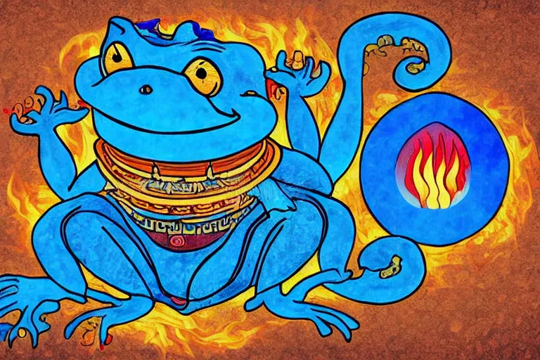 Image similar to buddhist art style illustration of a blue frog with 4 hands, flames, water, flowers, dragons, skeletons