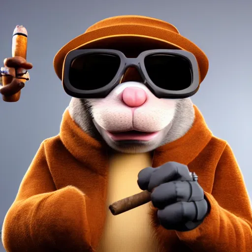 Prompt: anthropomorphic gangster rat smoking a huge cigar, pointing a pistol at the camera, wearing sunglasses and a cap, long fur, anthropomorphic rat, detailed, 3d render, 4k, pixar