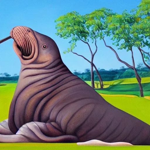 Prompt: a painting of a walrus lying on a golf course,