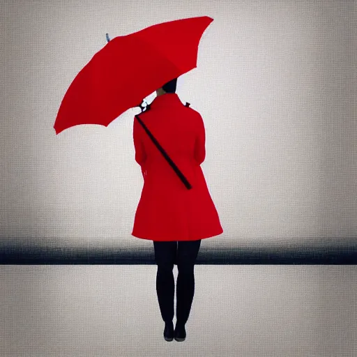 Prompt: woman with red coat and cyan umbrella, digital art