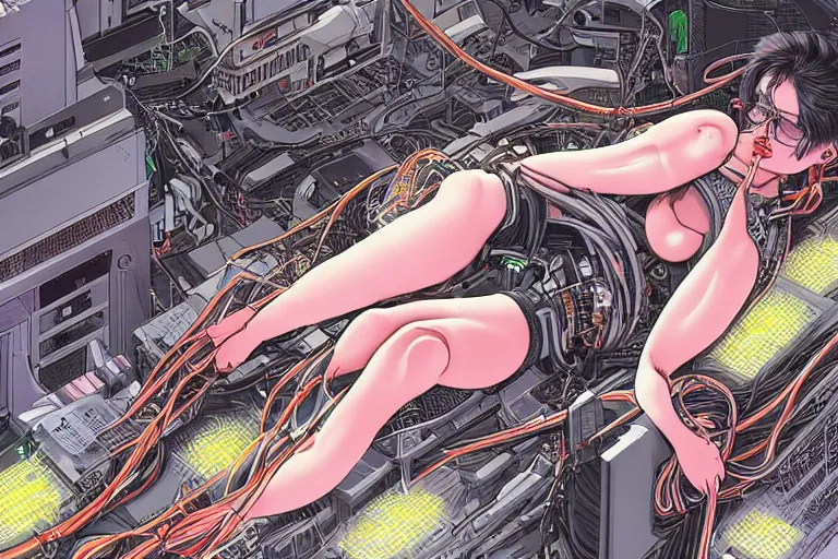 Image similar to an intricate, awe inspiring cyberpunk illustration of a female android body lying open on a labor floor, wires and cables coming out, by masamune shirow and katsuhiro otomo ((colorful))