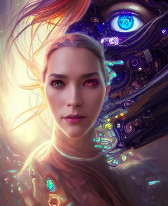 Image similar to a whirlwind of souls rushing inside the metaverse, half body, glowin eye, tiara with sapphire, pharaoh, android, cyborg, cyberpunk face, d & d, fantasy, intricate, elegant, highly detailed, colorful, vivid color, digital painting, artstation, concept art, art by artgerm and greg rutkowski and alphonse mucha and ruan jia