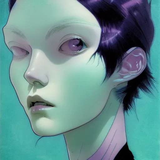 Image similar to prompt : pale violet and deep green portrait in water soft light painted by james jean and katsuhiro otomo and erik jones, inspired by evangeleon anime, smooth face feature, intricate oil painting, high detail illustration, sharp high detail, manga and anime 1 9 9 9