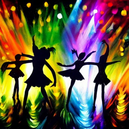 Image similar to dark dancing silhuettes in a dance club, colorful lights, dramatic lighting, a lot of energy, oil painting