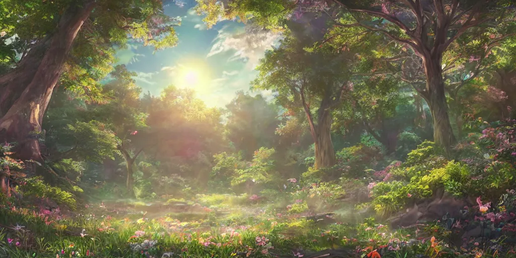 Prompt: the aesthetic view of the beautiful, grand, wistful, dreamy landscape of an open forest at dusk, hyperrealistic anime photograph, rainbow colorful, extremely detailed, insanely intricate linework, super sharp focus, extremely bright colors, octopath traveler, studio ghibli, unreal engine 5 highly rendered, global illumination, radiant light, detailed and intricate environment