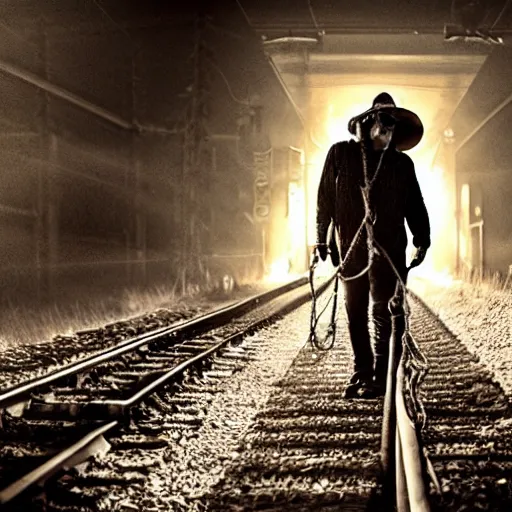 Image similar to justin sun tied to train tracks, bound in rope and chains, beautiful cinematic lighting, epic composition, approaching train headlight