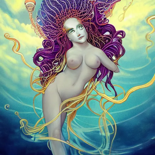 Image similar to Full body photo of the most beautiful goddess, she has a jellyfish-phoenix head's and a siren body, some tentacles are touching her, she flying to heaven through the clouds, she is swimming and leading some chrysaora hysoscella with smoke behid her, by Tooth Wu, trending on Artstation, digital art, symmetrical artwork, cinematic, hyper realism, high detail, octane render, 4k, 8k