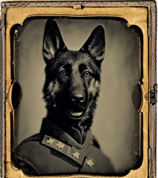 Image similar to professional studio photo portrait of anthro anthropomorphic german shepard head animal person fursona serious wearing elaborate military general uniform clothes degraded medium by Louis Daguerre daguerreotype tintype